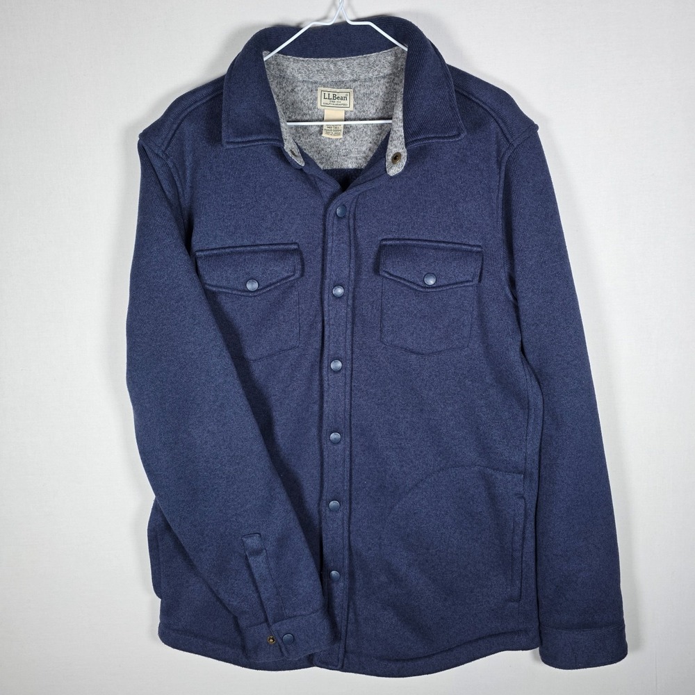 LL Bean Mens Medium Tall Cabincore Blue Sweater Fleece Snap Shirt Jacket Shacket